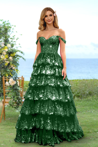 A-Line/Princess Sweetheart Off-the-Shoulder Long Prom Evening Party Floral Dresses with Sequins & Ruffles