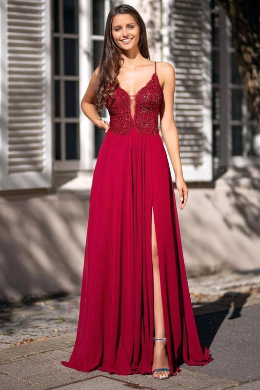 Spaghetti-Straps V-Neck Long Prom Dress Slit With Appliques PD0547