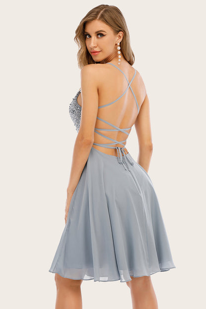 Grey Beaded Short Homecoming Dress