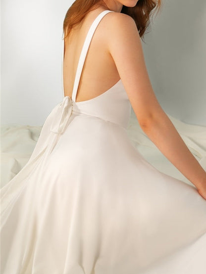 A-Line/Princess V Neck Floor-Length Wedding Dress With Bow & Split Side