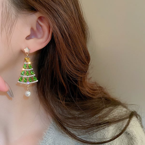 Christmas Tree Pearl/Rhinestone Drop Earrings