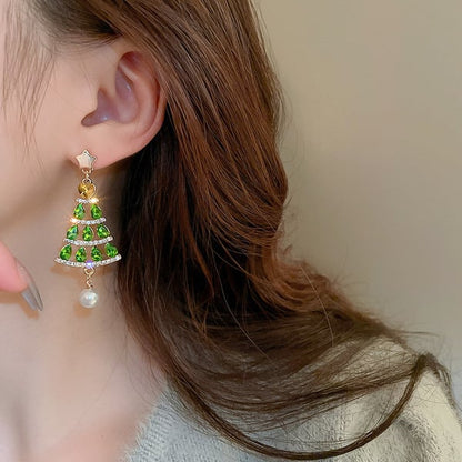 Christmas Tree Pearl/Rhinestone Drop Earrings