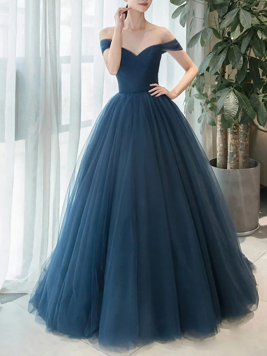 Simple blue off shoulder long prom dress, v neck tulle bridesmaid dress gh2288