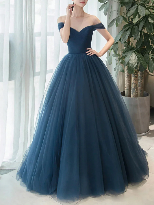 Simple blue off shoulder long prom dress, v neck tulle bridesmaid dress gh2288