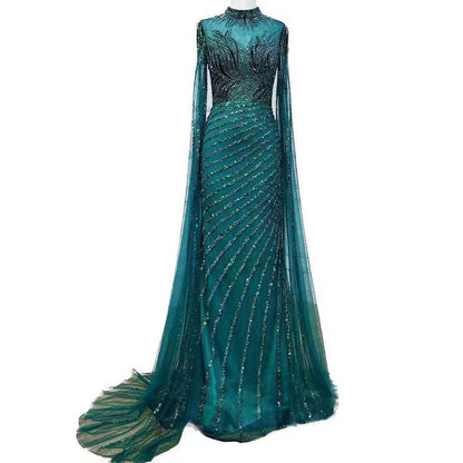 Green Luxury Prom Dress Sequin Beaded Long Sleeves 2024 Elegant Dress YH0085