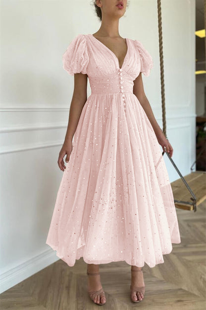 Elegant Taupe Pink V-Neck Short Sleeves Prom Dress With Sequins ED0351