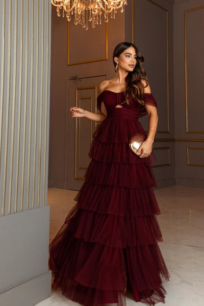 Burgundy Tulle A-Line Off-The-Shoulder Split  Prom Dress ZT0559