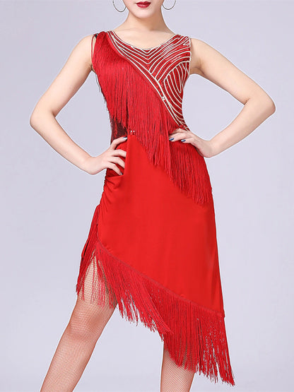 Women's Dancewear Latin Dance Dress Tassel Pure Color Splicing Performance Training Sleeveless