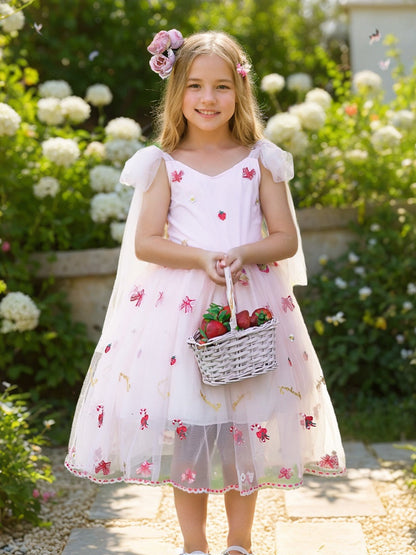 Tulle Knee-length Strawberry Embroidery Flower Girl Dress