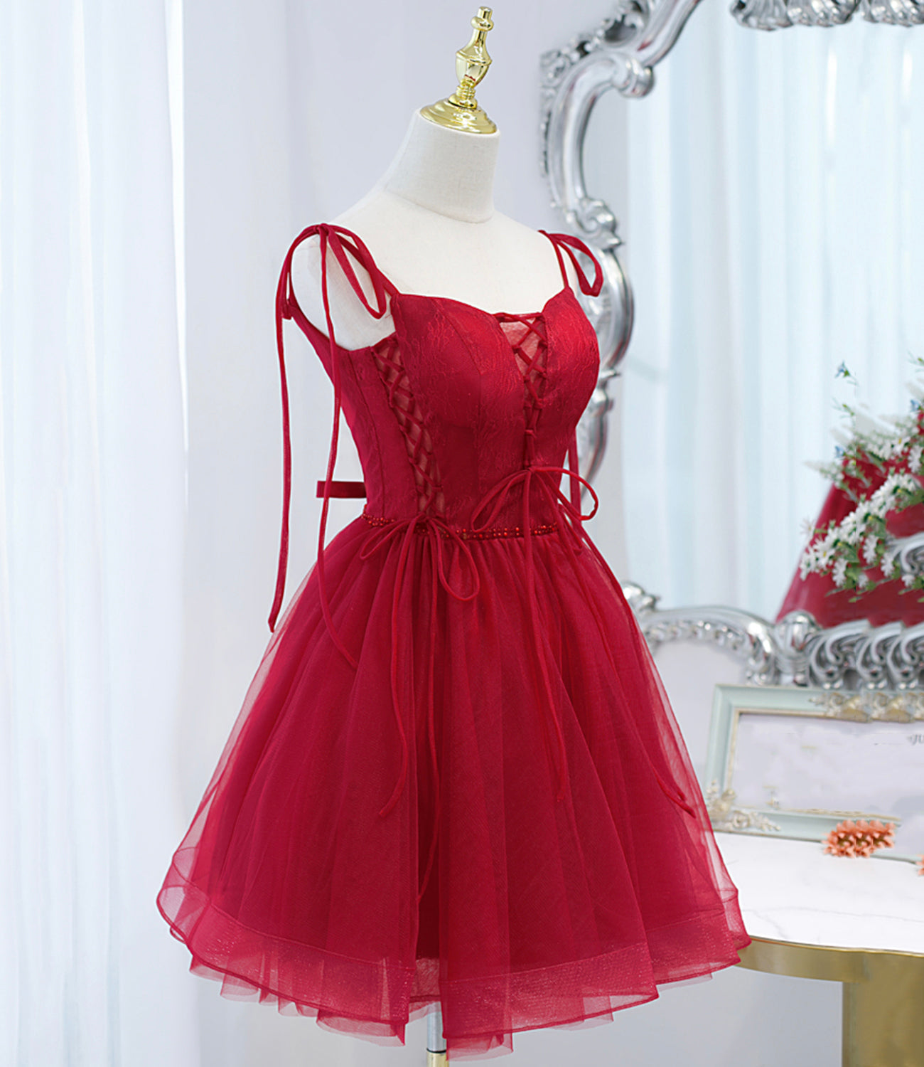 Burgundy tulle lace-up short prom dress party dress  10097