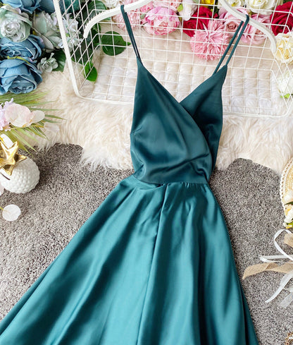 Simple A line v neck satin dress fashion girl dress  915