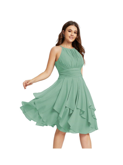 A Line/Princess Halter  Sleeveless Short/Mini  Bridesmaid Dresses Chiffon Ruffle Pleated Pockets