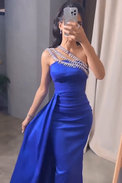 Royal Blue One-Shoulder Beaded Prom Dress With Side Trail ZT0193