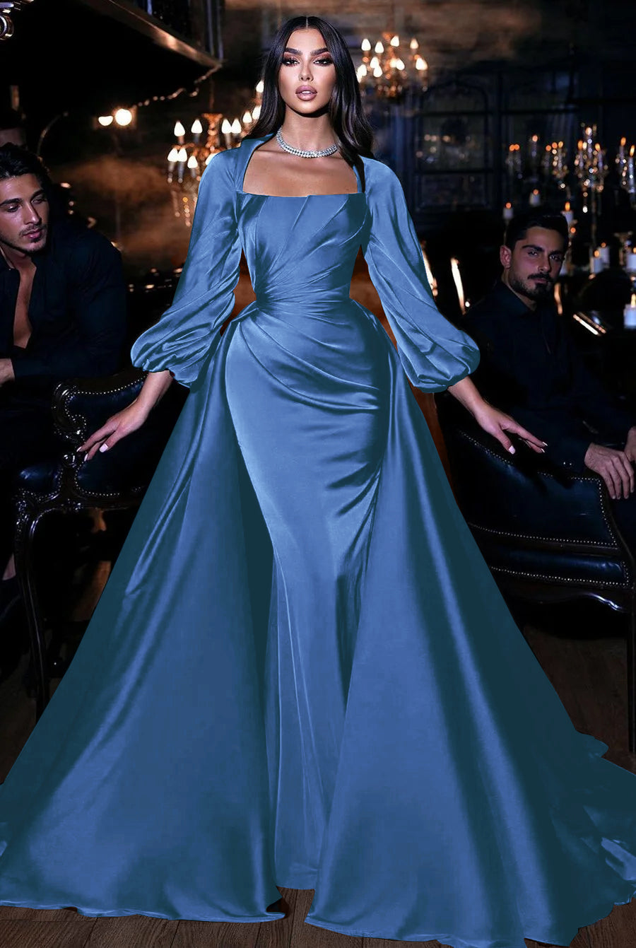 Emerald Square Long Sleeves Mermaid Prom Dress With Ruffles PD0737