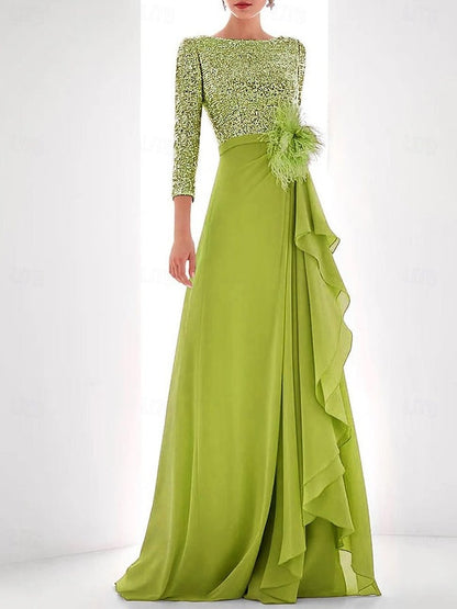 A-Line/Princess Jewel Neck Long Sleeves Asymmetrical Mother of the Bride Dresses With Sequin & Feather & Pearls