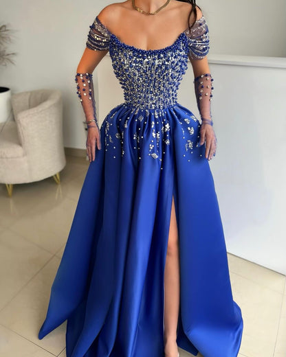 Royal Blue Off-The-Shoulder Prom Dress With Beaded Bodice And High Split ZT0167