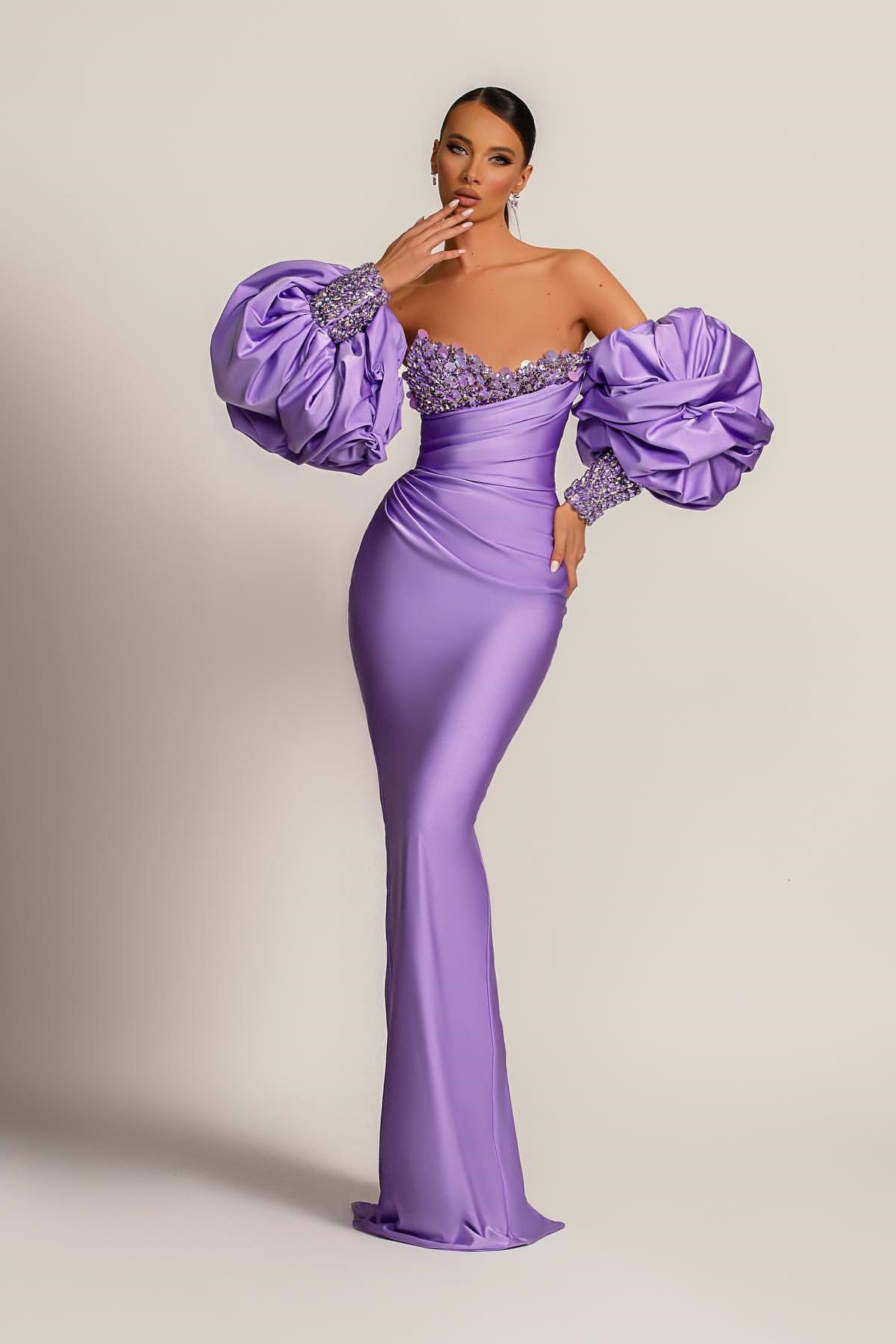 edgynewlook Purple Mermaid Prom Dress With Appliques Puff Sleeves