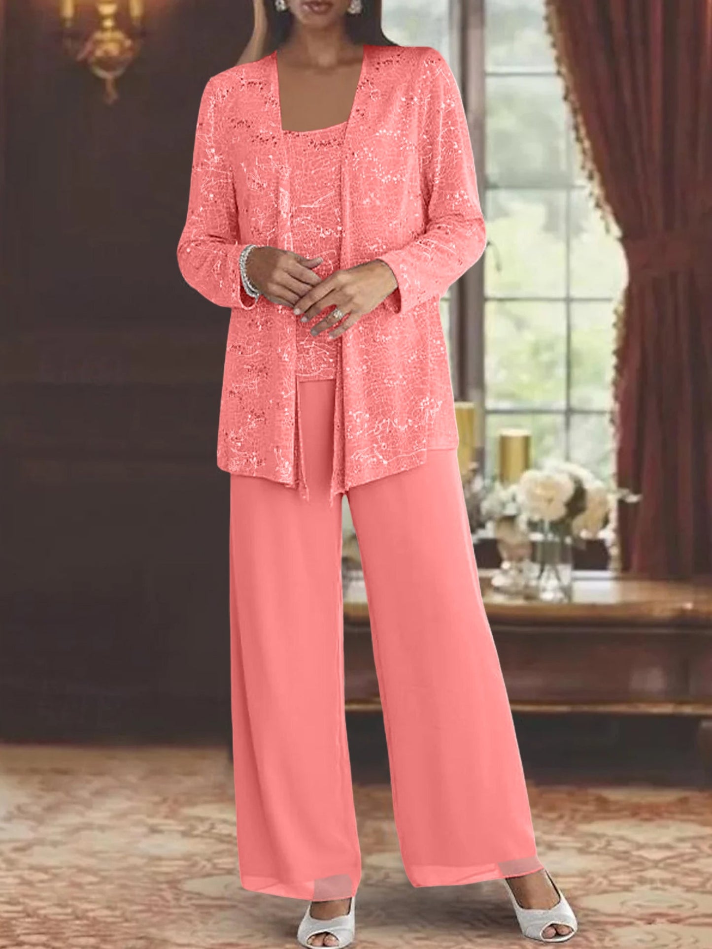 Chiffon Mother of the Bride Pantsuits with Jacket & Sequins