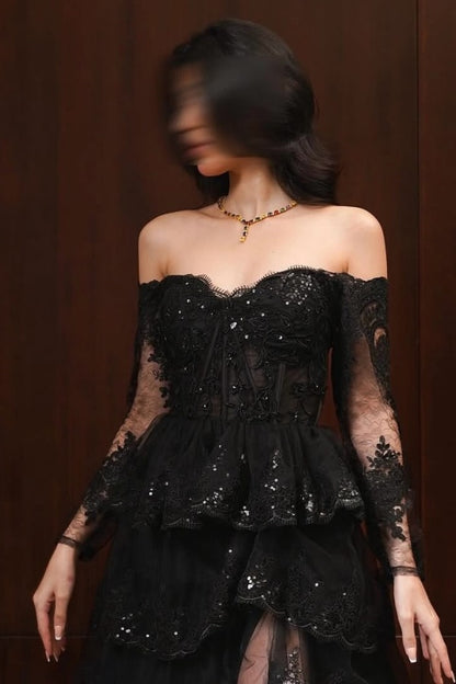 Charming Black Strapless Split Embroidered Lace Prom Dress ZT0619