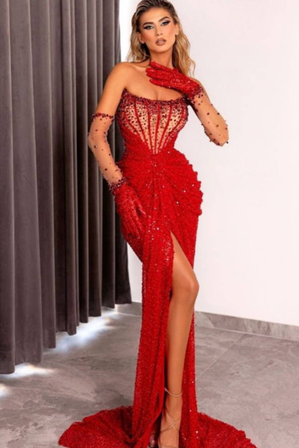 Red Mermaid Strapless With Beaded Prom Dress SO0002