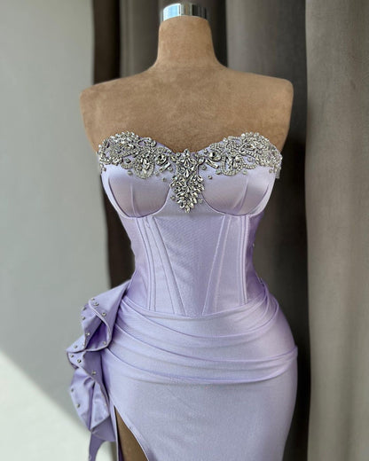 Light Purple Prom Dress With Rhinstone High Slit Gown Sleeveless YL0294