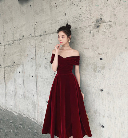 Burgundy velvet short prom dress homecoming dress  8484