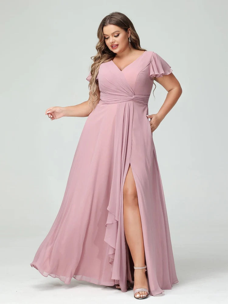 A-Line/Princess V-Neck Short Sleeves Chiffon Ruffles Split Side Plus Size Bridesmaid Dresses with Pockets