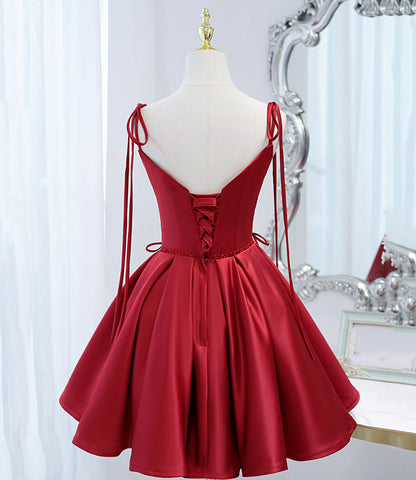 Burgundy satin lace-up short prom dress party dress  10098