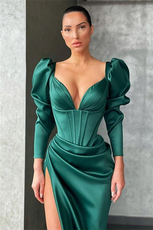 Green Long Sleeves Prom Dress Mermaid PD0448