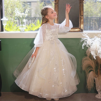 A-Line/Princess 3/4 Sleeves Lace Flower Girl Party Dress with Rhinestone Appliques