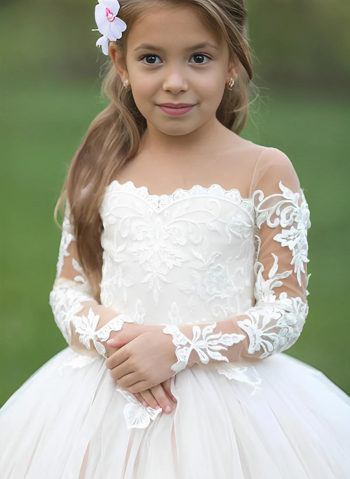 A-Line/Princess Sheer Neck Tulle Flower Girl Dresses with Applique