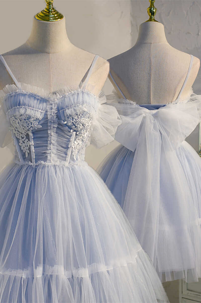 Dreamy Sky Blue Spaghetti Straps Bow-Back Short Party Dress gh1386