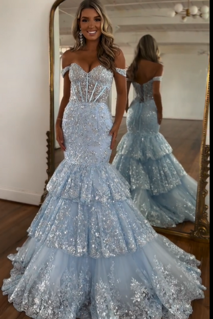 Lovely Light Blue Off-The-Shoulder Appliques Mermaid Prom Dress ZT0566