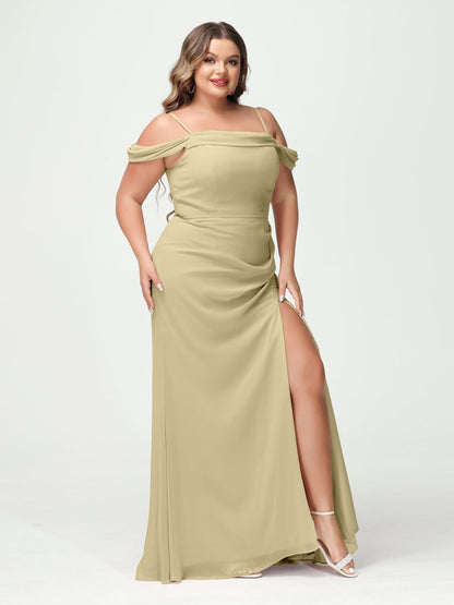 Sheath/Column Spaghetti Straps Off-the-Shoulder Chiffon Split Side Plus Size Bridesmaid Dresses