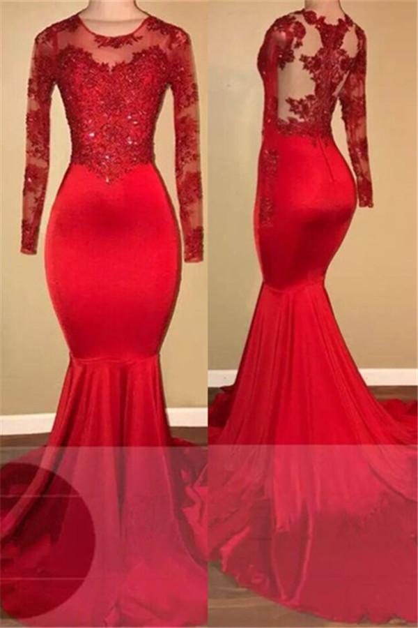 Red Long Sleeves Mermaid Prom Dress PD068