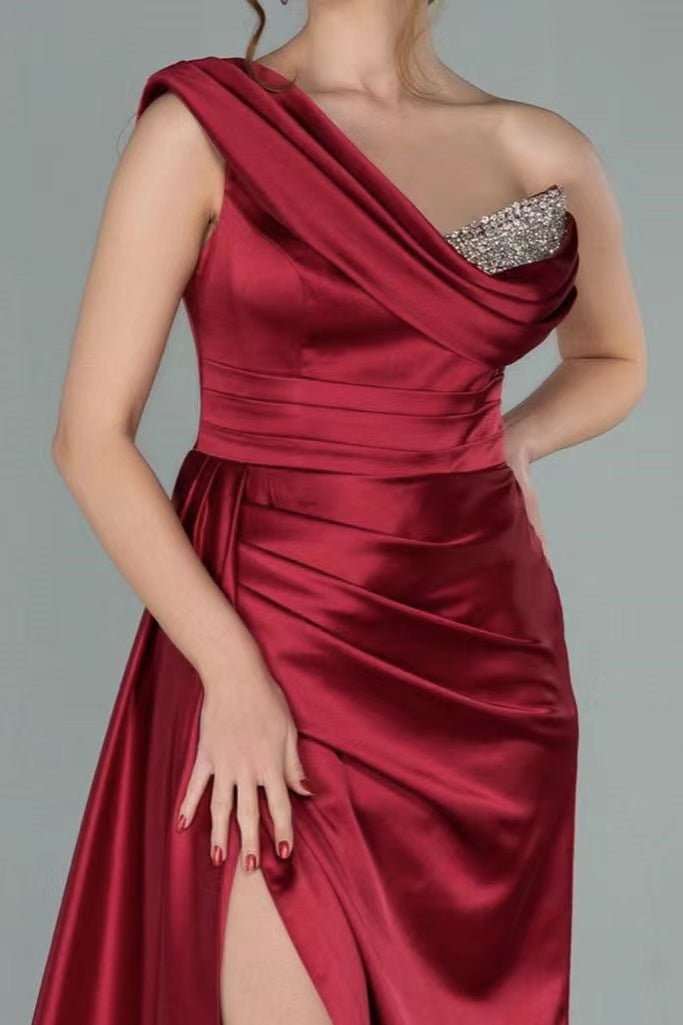 Burgundy Elegant One Shoulder V-Neck Slit Prom Dress With Sequins Mermaid ED0298