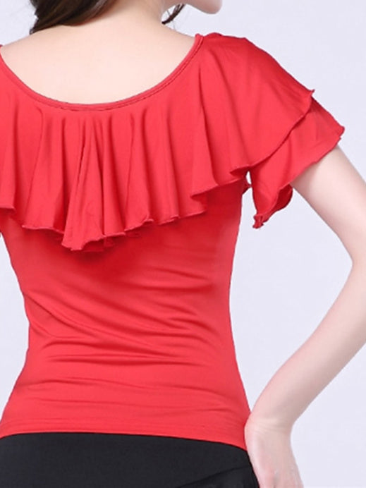 Women's Latin Dance Ballroom Dance Milk Fiber Ruffles Pure Color Short Sleeve Round