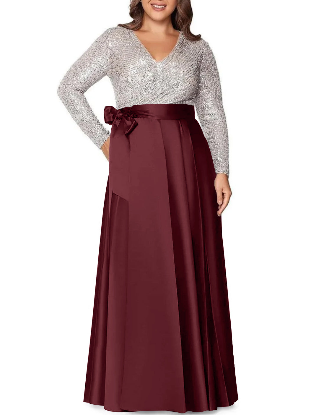 A-Line/Princess V-Neck Long Sleeves Floor-Length Plus Size Mother of the Bride Dresses With Pocket Sequins