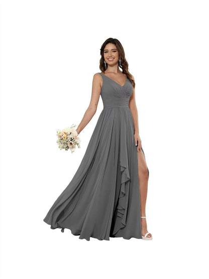 A Line/Princess Chiffon V Neck Sleeveless Floor-Length Bridesmaid Dresses