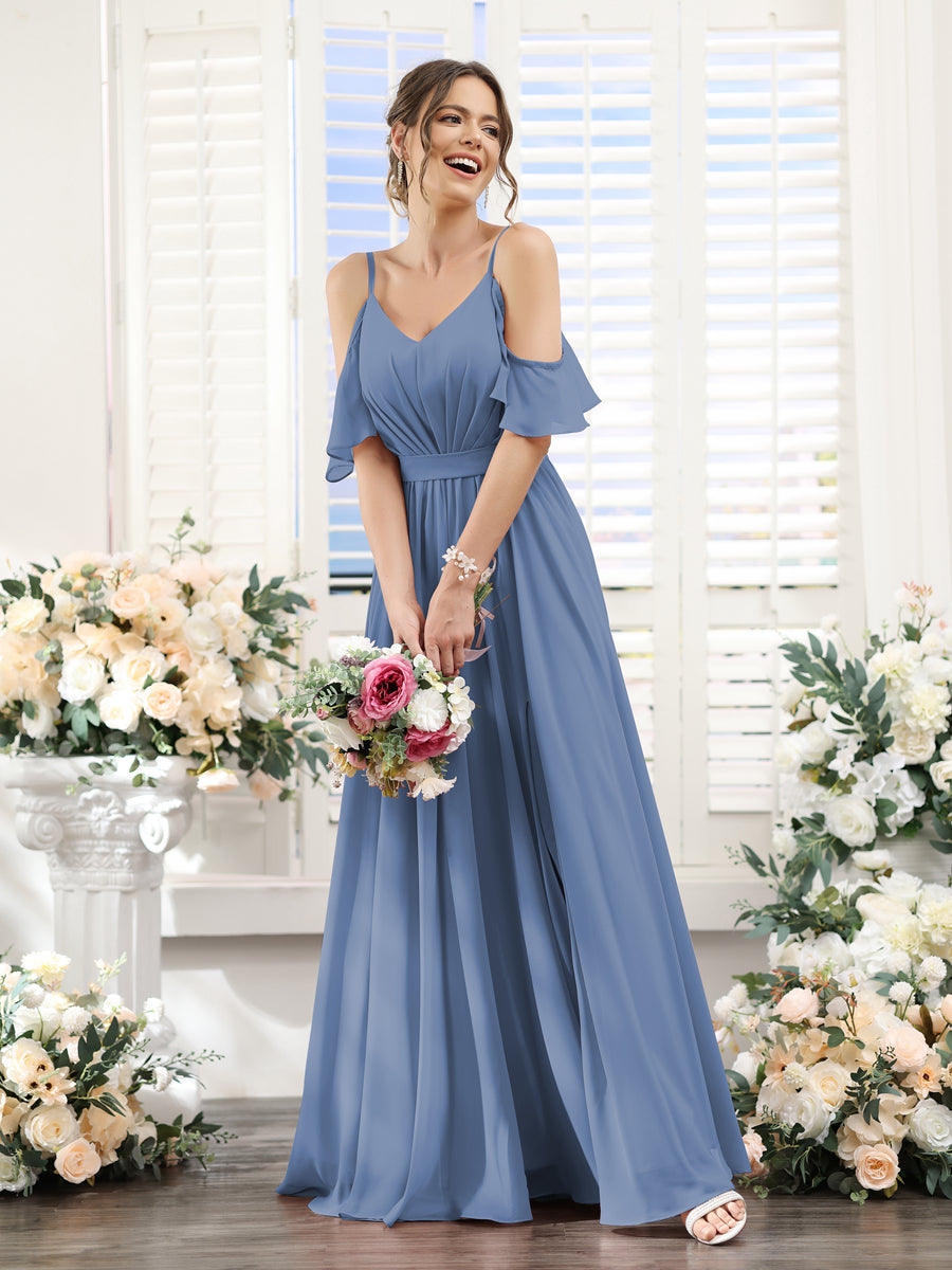 A-Line/Princess Spaghetti Straps Floor-Length Chiffon Bridesmaid Dresses with Split Side & Ruched