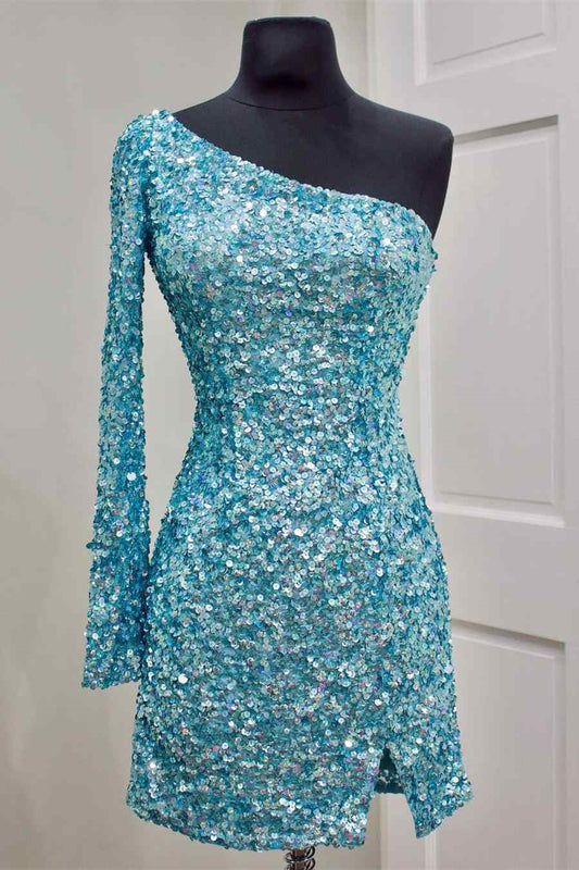 Edgynewlook Stunning Long Sleeves One Shoulder Prom Dress Short With Sequins