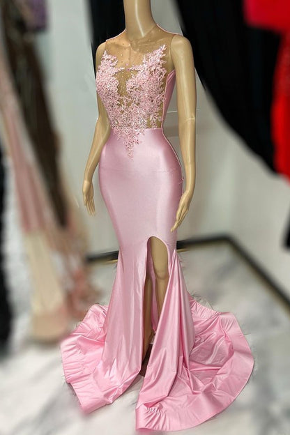 Pink Sleeveless Tulle With Appliques Mermaid Slit Prom Dress YL0075