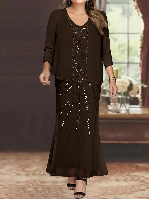 Sheath/Column V-Neck Ankle-Length Plus Size Mother of the Bride Dresses with Jacket & Sequins