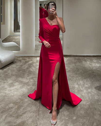 Elegant Red One Shoulder Prom Dress Front Split Court Mermaid Dress LY0007