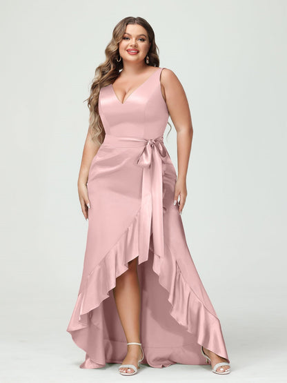 Sheath/Column V-Neck Sleeveless Ruffles High Low Plus Size Dresses with Pockets & Sash