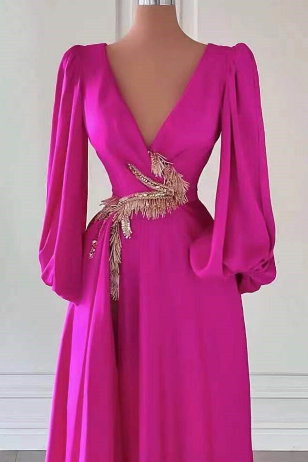 Fuchsia Long Sleeves A-Line Dark V-Neck Prom Dress With Embellishment ED0201