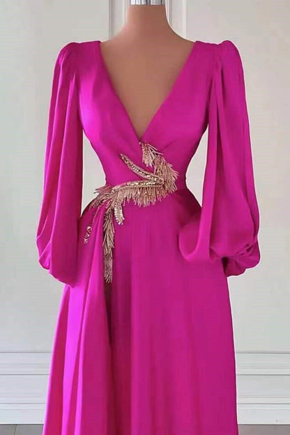 Fuchsia Long Sleeves A-Line Dark V-Neck Prom Dress With Embellishment ED0201