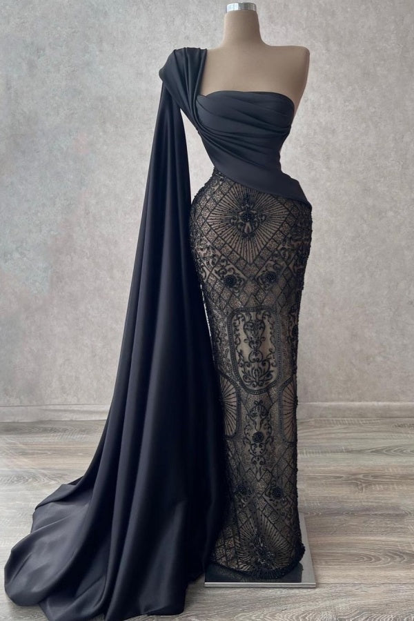 Exquisite One-Shoulder Black Lace Prom Dress With Draped Train ZT0168