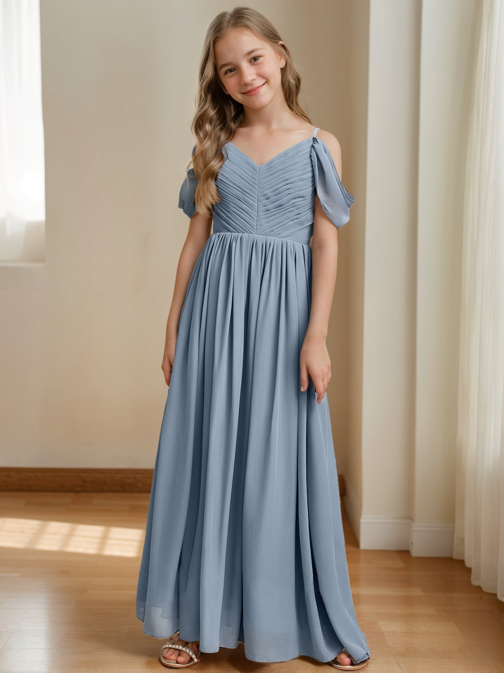 A-line/Princess Off-the-Shoulder V-Neck Junior Bridesmaid Dress with Pleats