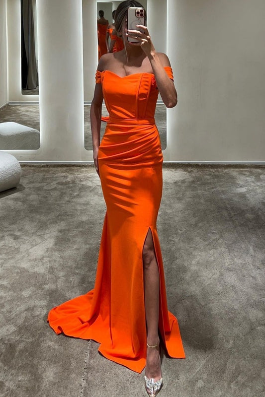 Fashion Orange Off-the-shoulder Prom Dress Spit Long Mermaid Dress LY0008